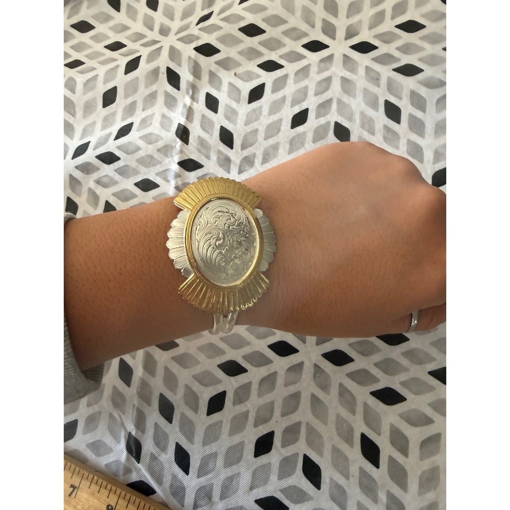 Western Two Tone Engraved Sunburst Cuff Bracelet Silver Gold Scalloped Scroll